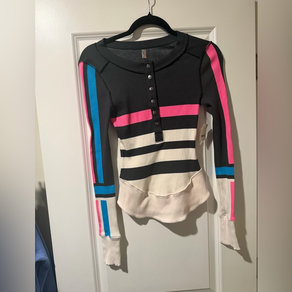 Free People Black Top with Hot Pink and Cream Stripes Henley 🔥 Size XS